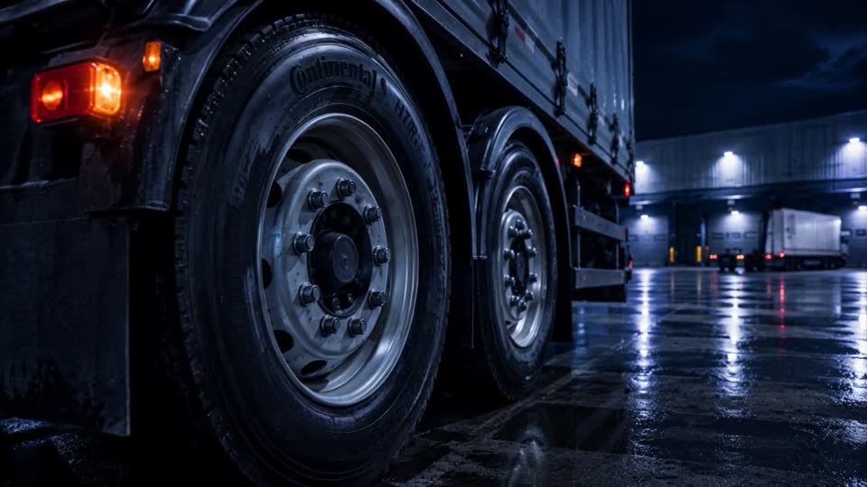 Frame from Something Big Is Coming: a truck wheel at night on wet ground